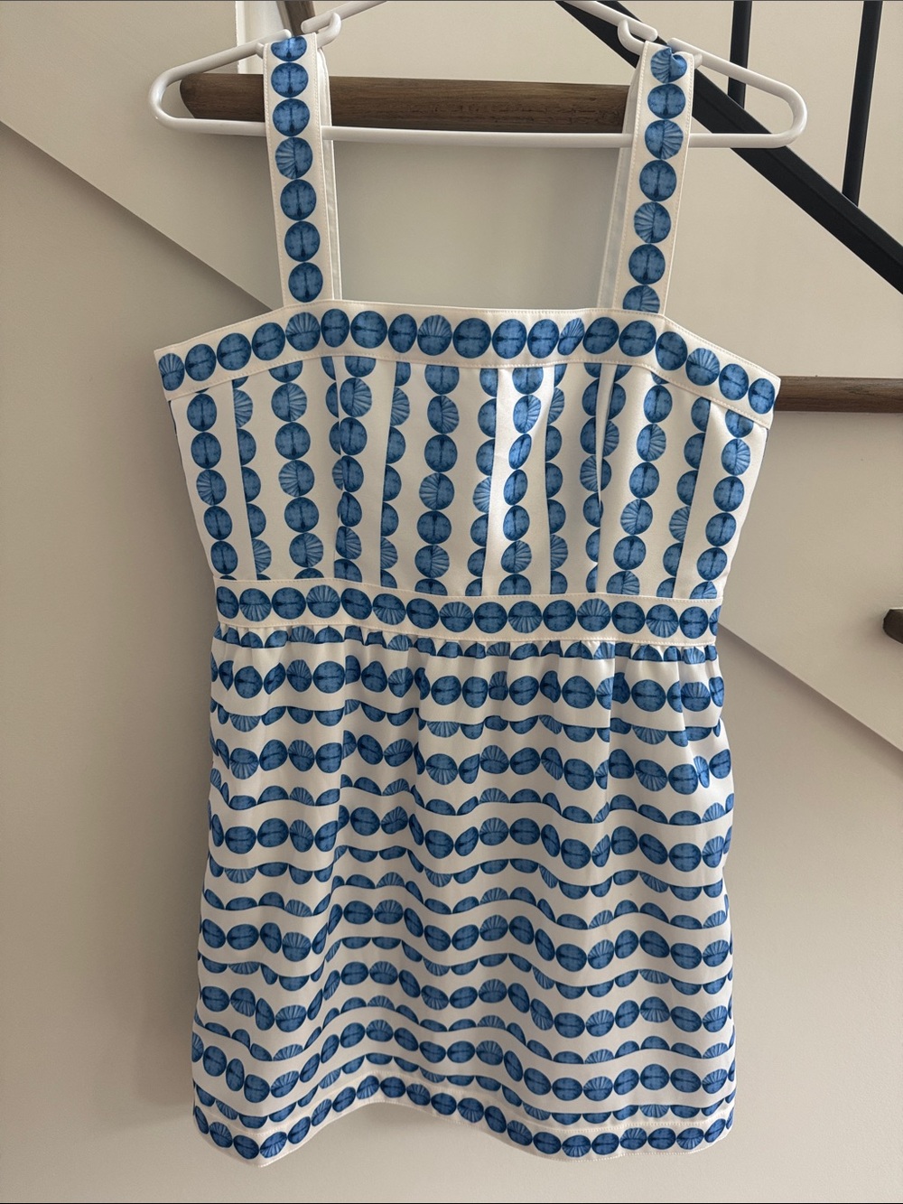 French Connection White Mini Dress with Blue Circular Stripe Print